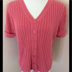 Cardigan top knit top ribbed knit cotton blend top V neck short sleeves coral